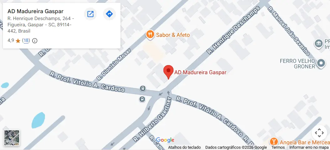 Mapa mostrando a localização da ADMAG na Rua Henrique Deschamps, 264, em Gaspar/SC